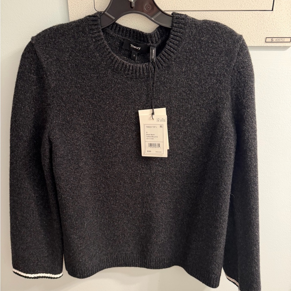 Theory Women's Charcoal Crew Neck Sweater with white trim and silver buttons